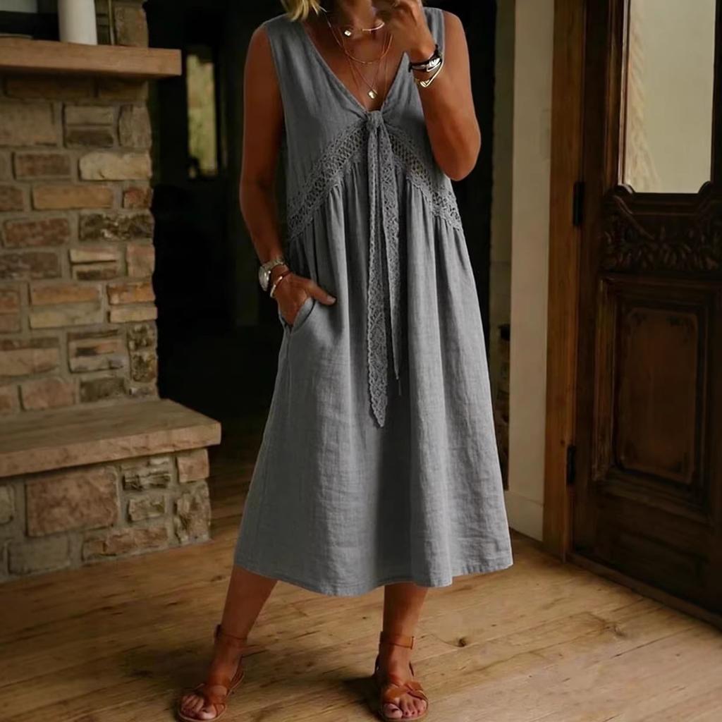 women's Tie Front Lace Trim Solid Color Linen Blend Sleeveless Midi Dress Loose Casual Sundress