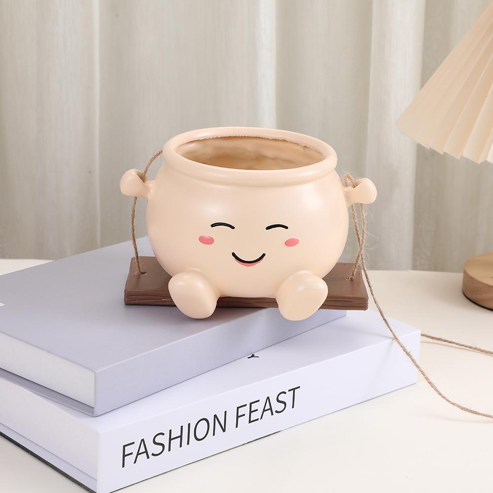 Smiley Face Succulent Planter: Creative Resin Flower Pot with Swing Ornaments