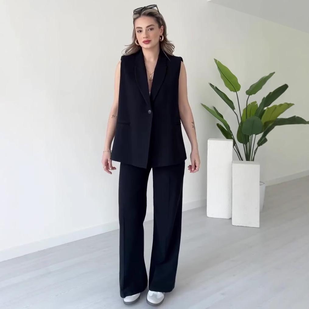 

2025 Summer Versatile Sleeveless Suit with Collared Button Top and Trousers M чорний