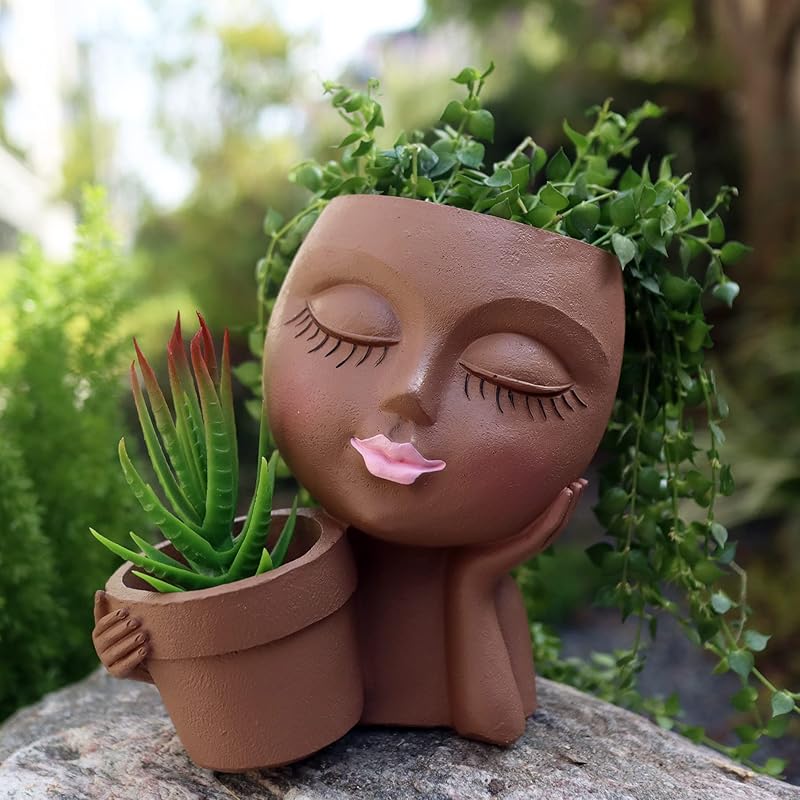 Face Flower Pot Head Planter, Black Woman Unique Planters for Indoor Outdoor Plants, Novelty Plant Pots Lady Vase with Drainage Hole Home Garden