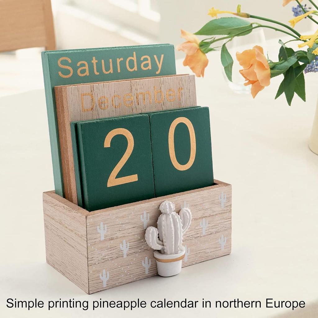 Desktop Perpetual Calendar Wooden Block Retro Calendar for Livingroom Office Shop Bar Desk Decor Week Month Day Display (Green cactus)