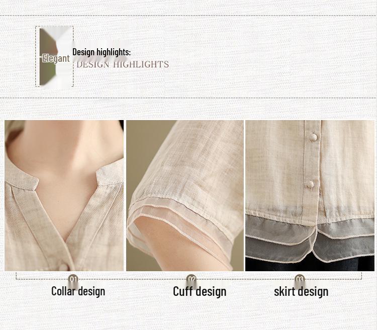 Retro Embroidered Organza Patchwork V-Neck Shirt for Women - Summer Mid-Sleeve Trendy Top