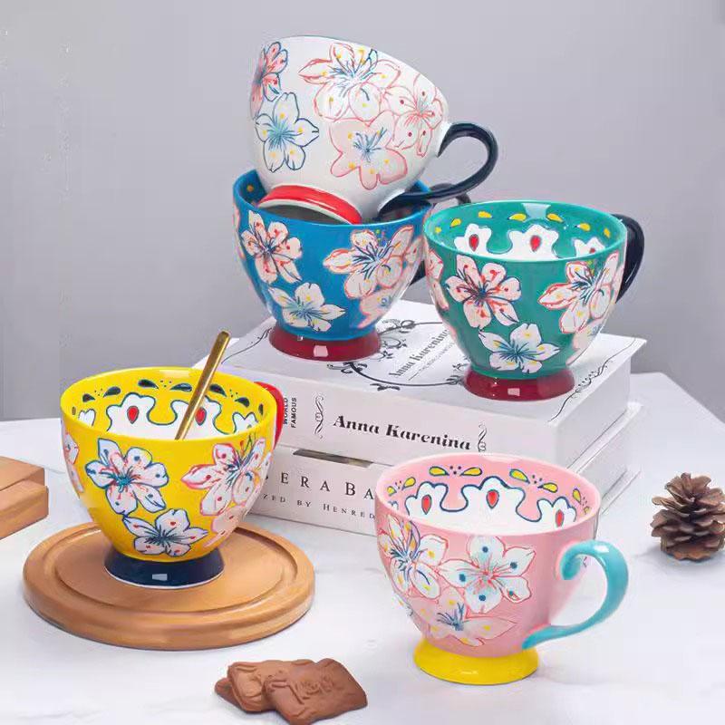 500ml Hand-Painted Ceramic Breakfast Mug – Colorful Glaze Flora lLarge Cup with Wide Mouth – Microwave & Dishwasher Safe