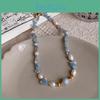 New Chinese Style Pearl Sea Blue Topaz Necklace With Geometric Design For Women