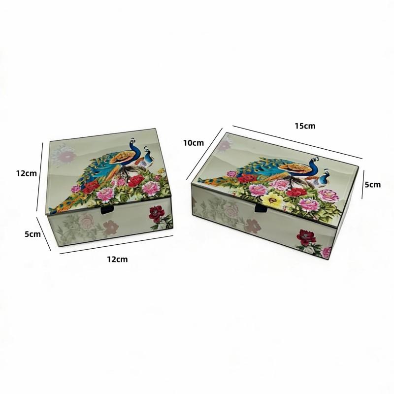Floral Peacock Jewelry Box Glass Storage Organizer Vintage Style Desktop Decorative Accessory Women