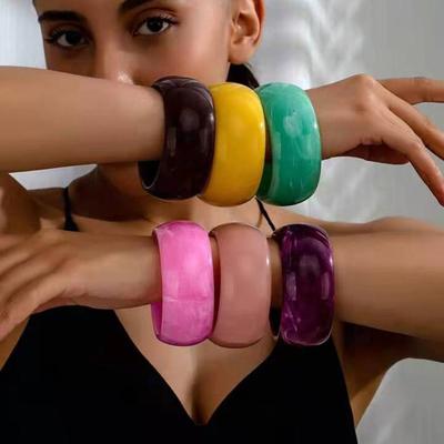 Bohemian Acrylic Open Bangle Shiny Retro  Hand Ring Simple Jelly Color Wide Bracelet  Decoration
