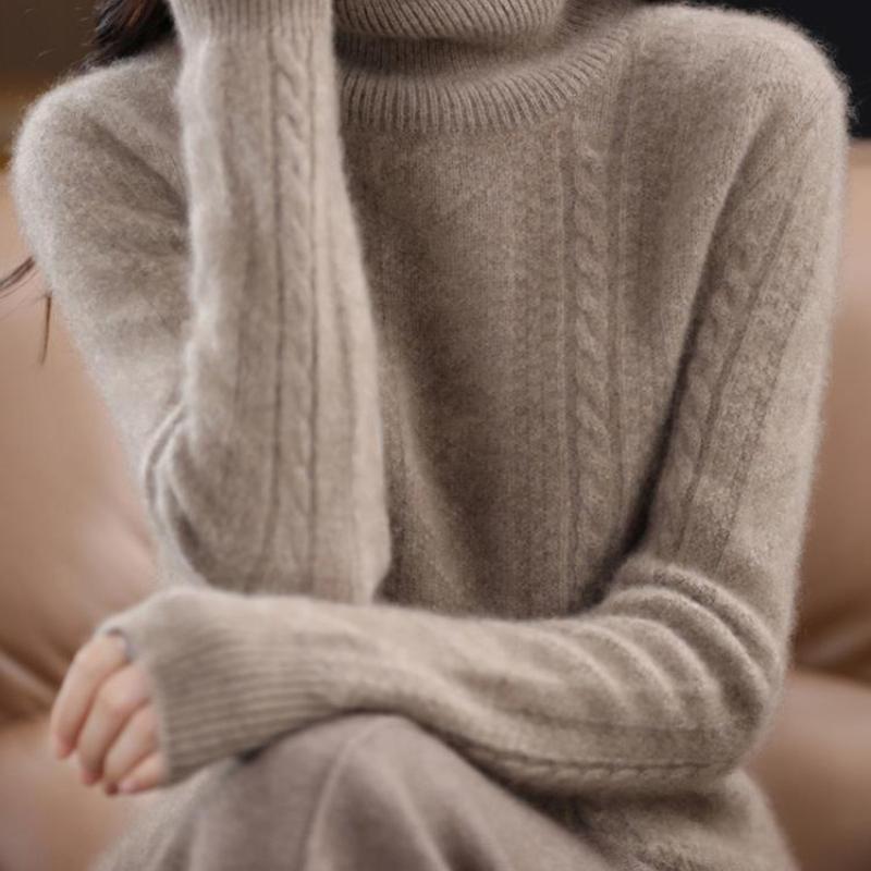 Dámský luxusní svetr s vysokým límcem Podzimní a zimní volný zesílený pletený základní kousek s krátkým rukávem a spadlým límcem