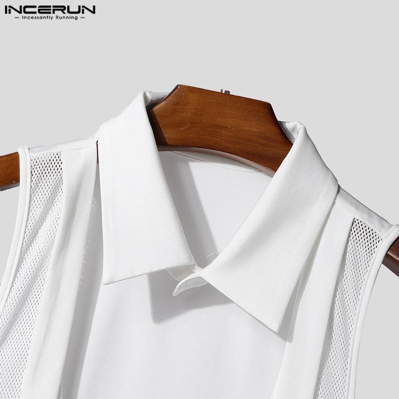 INCERUN Men Lapel Cutout Sleeveless Mesh Patchwork Fitted Shirts Tank Tops