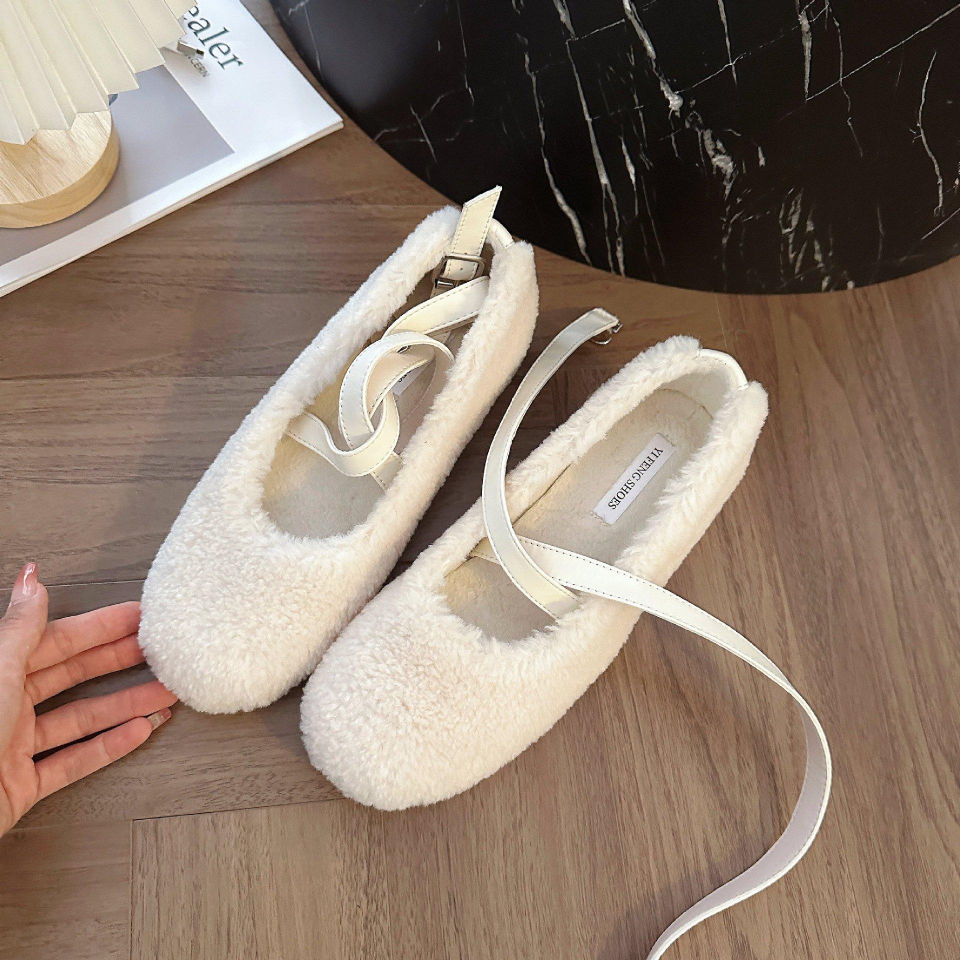 

2024 Новые женские туфли Симпатичные шерстяные туфли Мэри Джейн с перекрестным кружевом Осень/Зима Теплые балетки из овечьей шерсти и кашемира 39