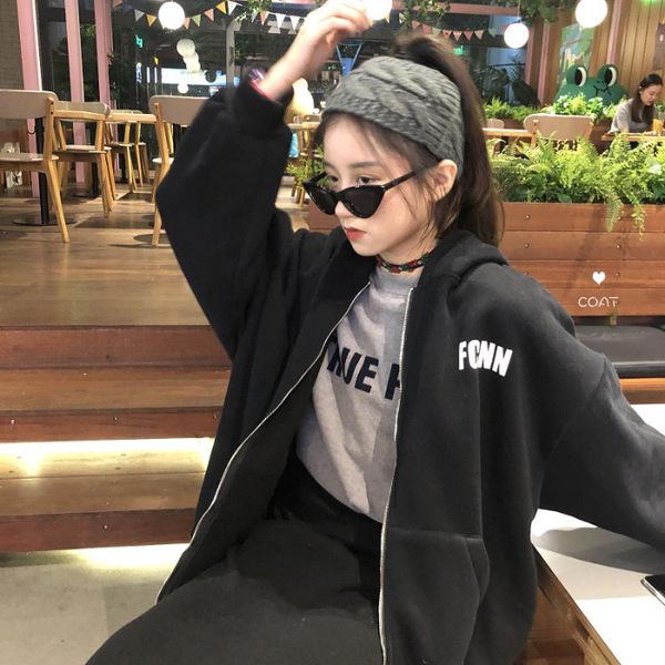 2022 Autumn/Winter Women's Korean Style Letter Print Fleece Zip-Up Hooded Cardigan