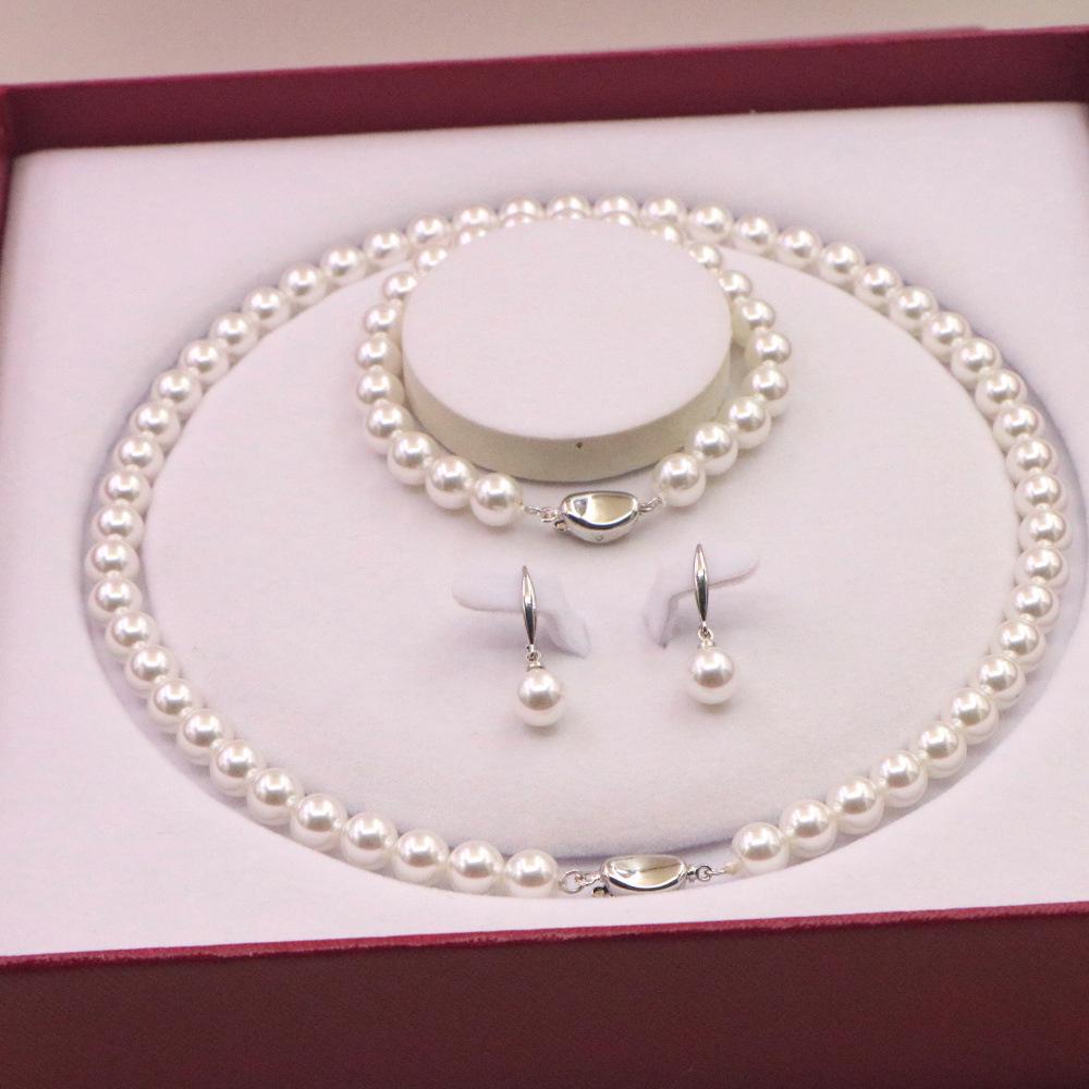 Peacock Green Perfectly Round Pearl Necklace Set - Elegant Women's Clavicle Chain Three-Piece