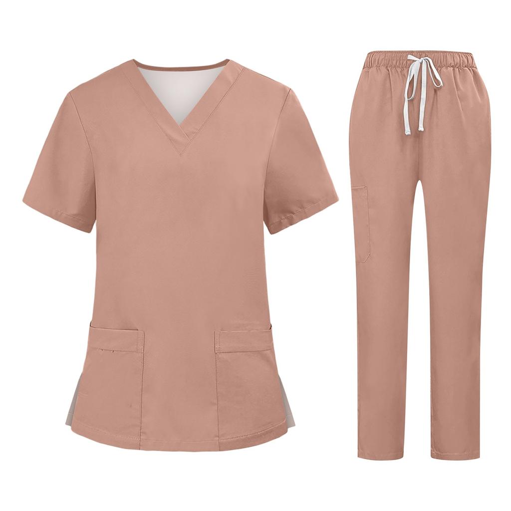 Soild Scrub Arbeitsuniform Anzug für Damen Kreuz V-Ausschnitt Kurzarm Fun T-Shirts Arbeitskleidung T-Shirt mit Taschen