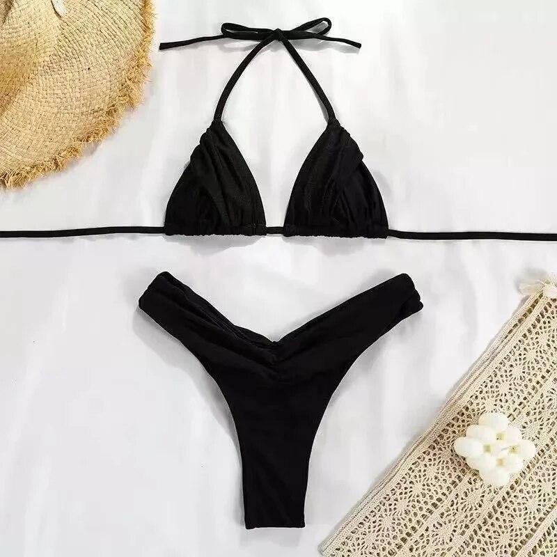 Sexy Micro Bikinis 2024 Femmes Halter Brésilien Bikini Ensemble Femme Plissé Maillot De Bain Nouveau Triangle Maillots De Bain Vêtements De Plage Maillot de bain