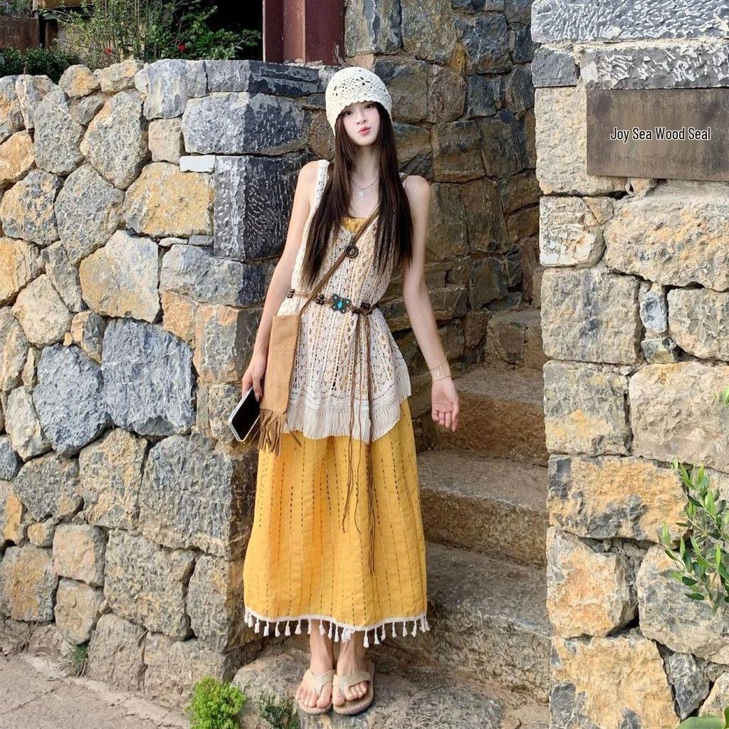 Bohemian Korean-Style Tassel Camisole Dress & Layered Lace Cover-Up Set for Women (Summer)