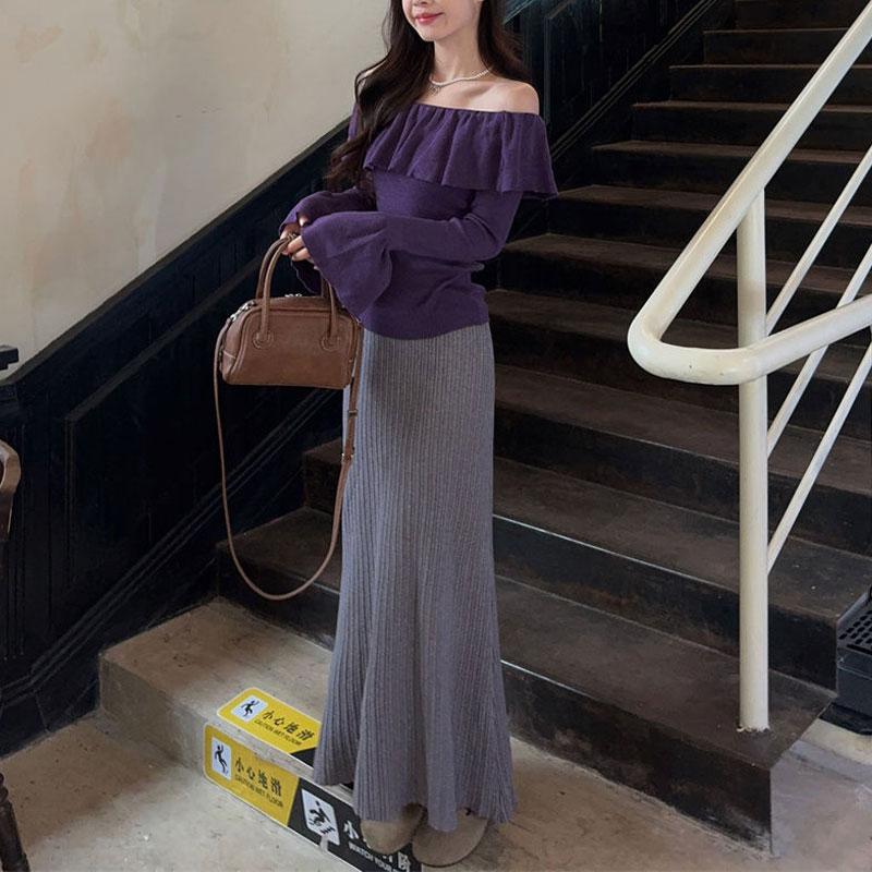 French Style Slash Neck T-shirt Women's Clothing Solid Color Elegant Aura Ruffles Spliced Autumn Winter Slim Ruffles Pullovers