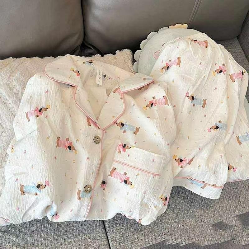 

Pink-edged dachshund Korean version of cute wind cartoon pajamas women s summer new large-size comfortable loungewear set S [recommended weight 40-47.5kg]