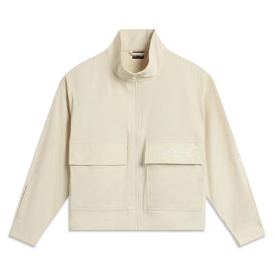 Li Ning Sports Trend Series Solid Color Zipper Stand Collar Versatile Breathable Loose Windbreaker Women Outerwear Sand-Khaki AFDV984-1