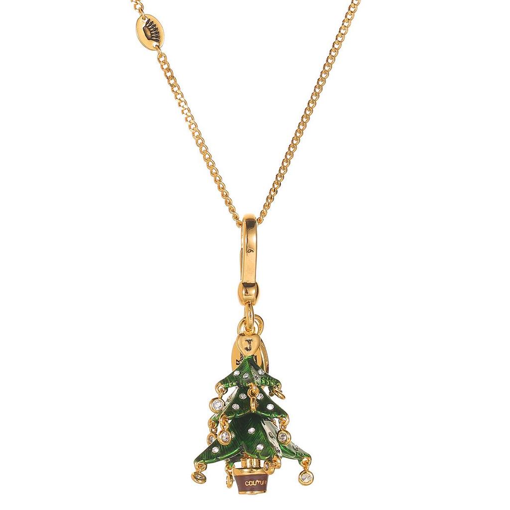Elegant Green Christmas Tree Pendant Keychain Necklace with Enamel and Diamond Inlay.
