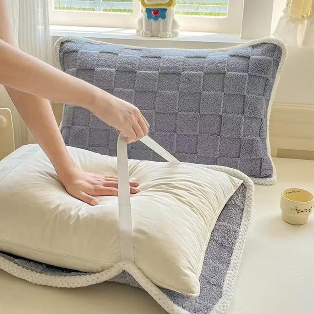 2 pieces Household Coral Fleece Grid Jacquard Pillowcases Plush Elastic Strap Pillow Cover Thickened Warm Cushion Cover Bedroom