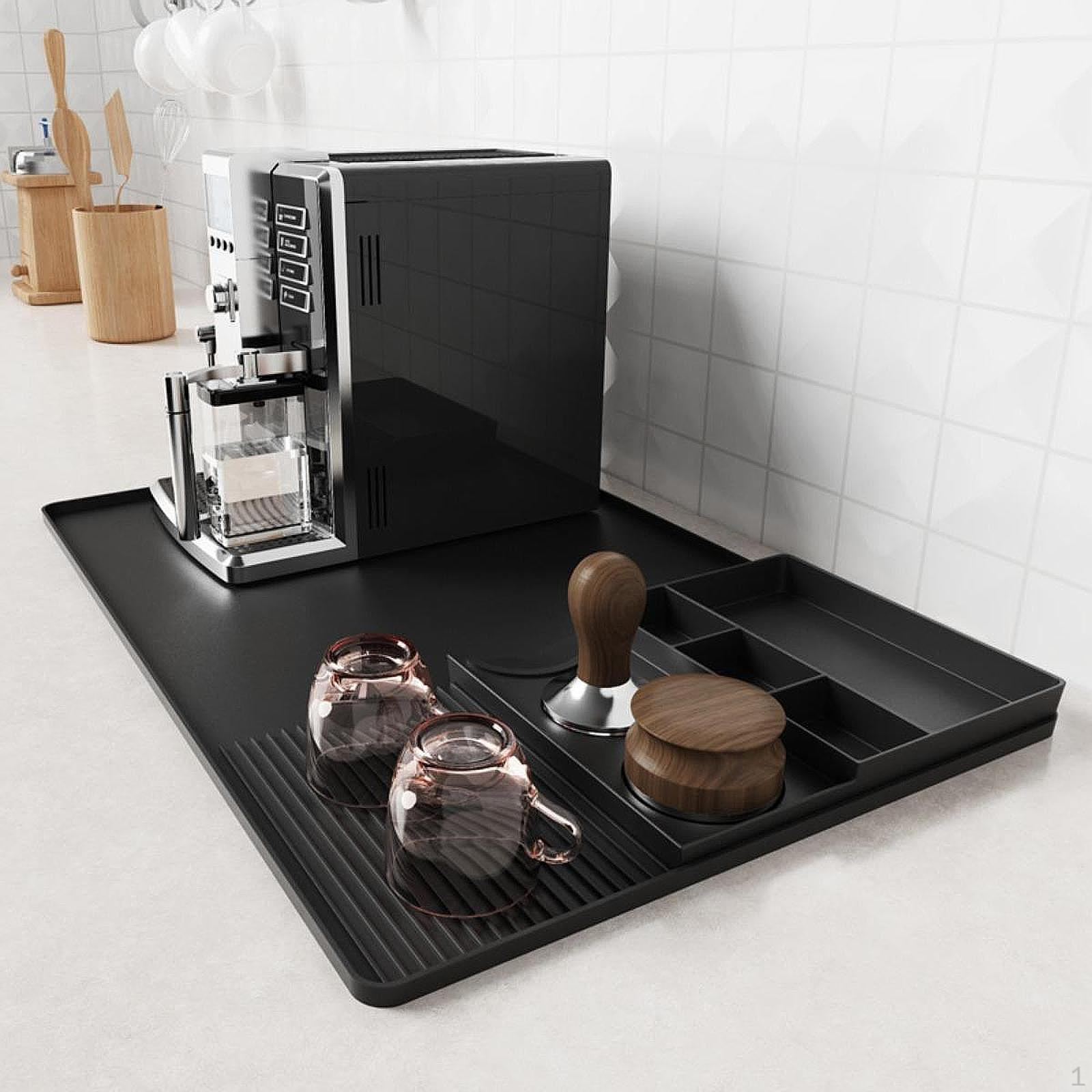 

Коврик для кофейного бара, подставка для кружек, аксессуар с приподнятыми краями, нескользящий, съемный ящик для темперного инструмента чёрный