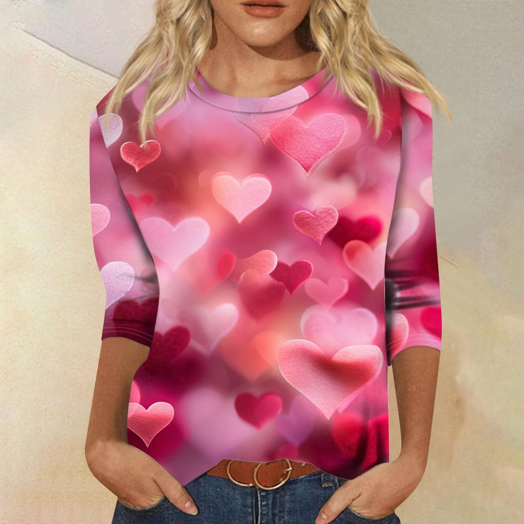 Women's Fashionable Casual Three-quarter Sleeve Valentine's Day Print Round Neck Pullover Top