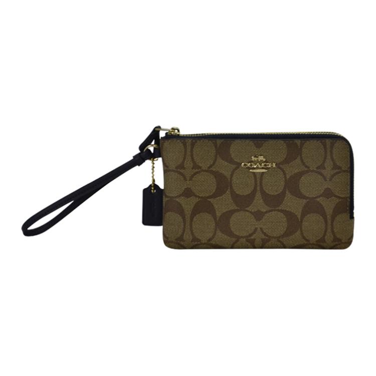 Coach Corner Zip Double Zipper Double Layer Monogram Canvas With Leather Wristlet Clutch Women clutch Dark-Khaki 87591-IMDT3 Basic Set (Bag+Dust Bag)