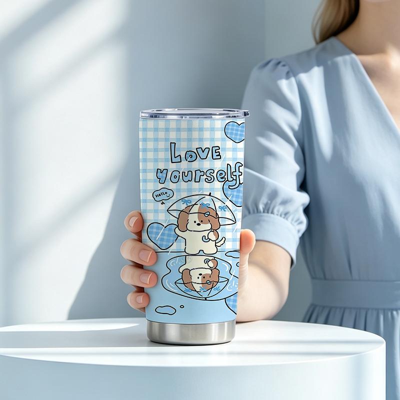 Car Tumbler 591ml(1 Random Straw Included)Blue Plaid Umbrella Dog MotifSteel Straw Cup Straight Travel Mug Commuter Cup 591ml Car Tumbler