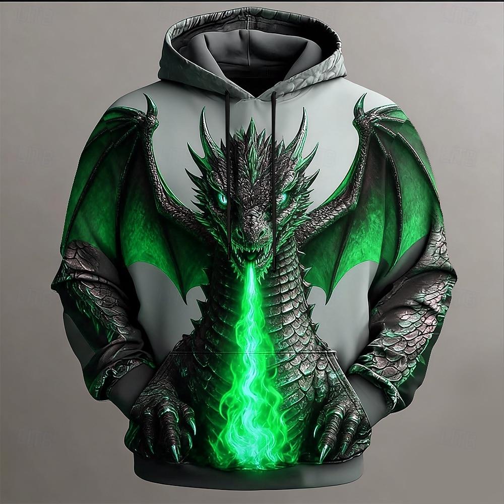 Men's Dragon 3D Hoodie Sweatshirt Cool Party Crew Neck Club Streetwear Yellow Red Drawstring Fall Winter Designer