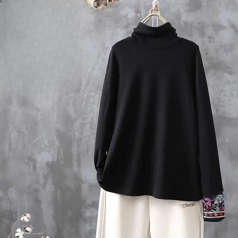 Spring Double-sided German Velvet Ethnic Style Embroidered Half High Collar Bottom Shirt for Women's Casual Slimming Long Sleeved T-shirt