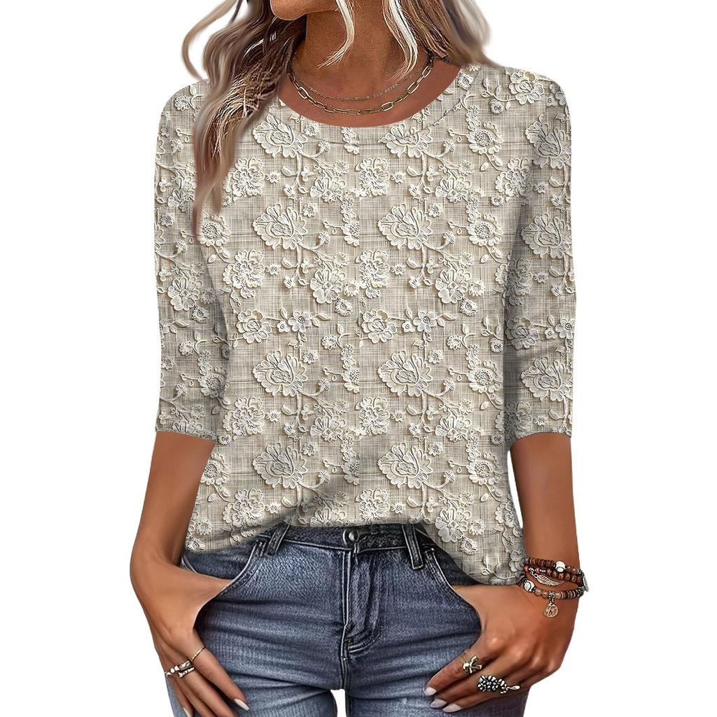 Women's Fashion Casual Three-Quarter Sleeve Floral Print Round Neck Top