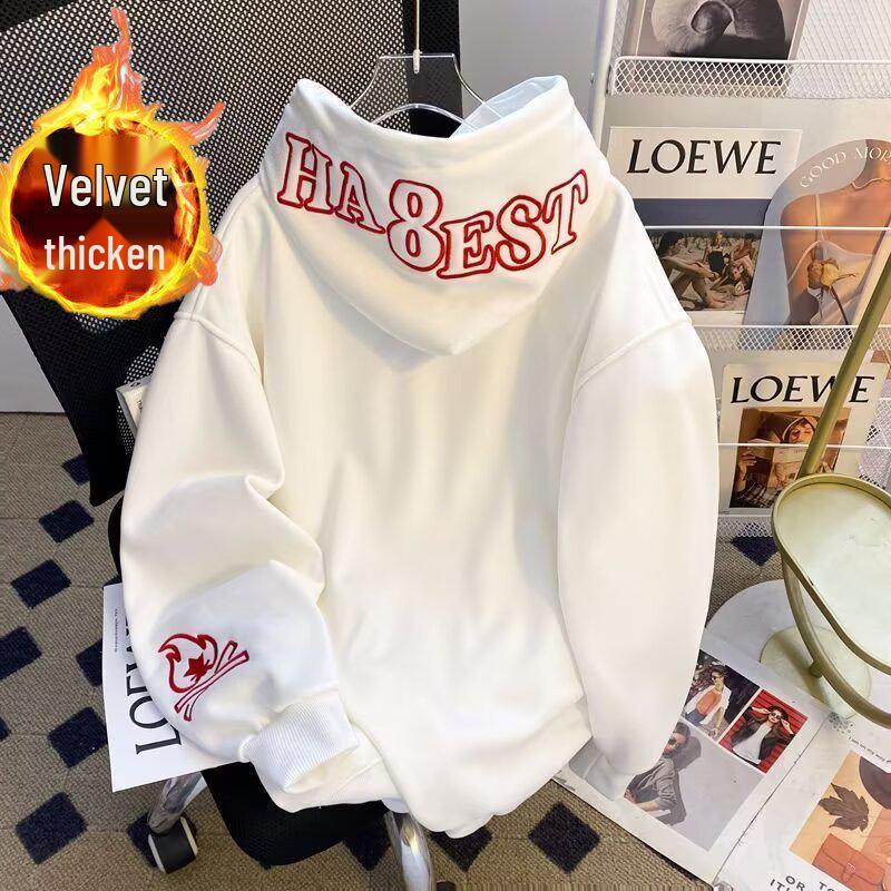 Embroidered Velvet Hooded Sweatshirt - Unisex Loose Fit for Spring & Autumn M