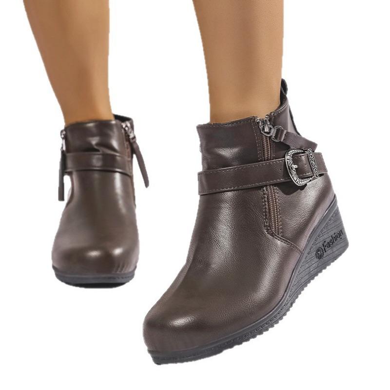 Außenhandel Herbst neue runde Zehen Keilabsatz seitlicher Reißverschluss kurze Lederstiefel Damen grenzüberschreitend große Größe Gürtelschnalle runde Zehen und Stiefeletten