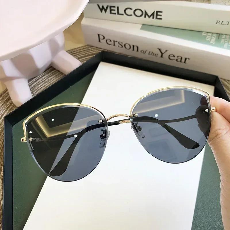 Cat Eye Sunglasses Women Luxury Rimless Gradient Sun Glasses  Clear Ocean Color Lenes Shades Ladies Sunglass UV400