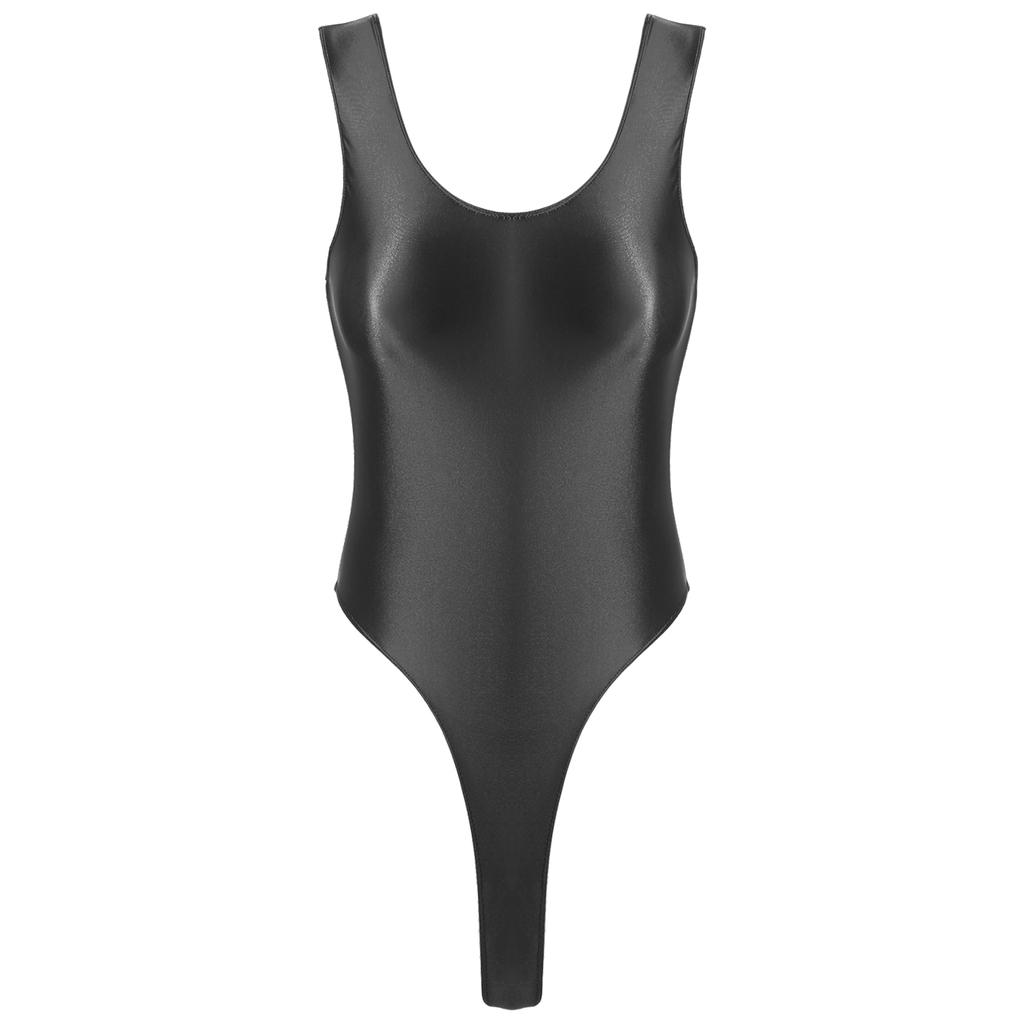 Women Glossy Sleeveless High Cut Tights Bodysuit Swimsuit One-piece Bathing Suit Stretchy Leotard Jumpsuit