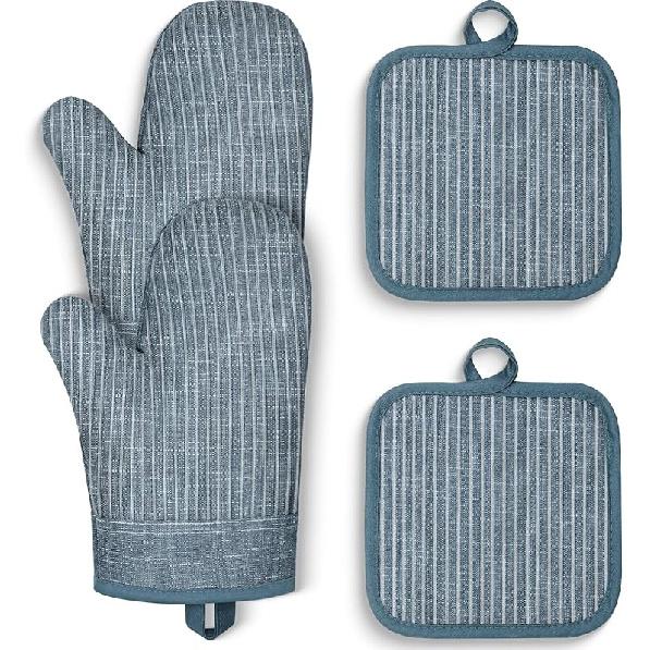 Oven Mitts and Pot Holders, Silicone Oven Gloves, 500 F Heat Resistant Oven Mitts Sets, Non-Slip Silicone Textured Grip, Blue синий
