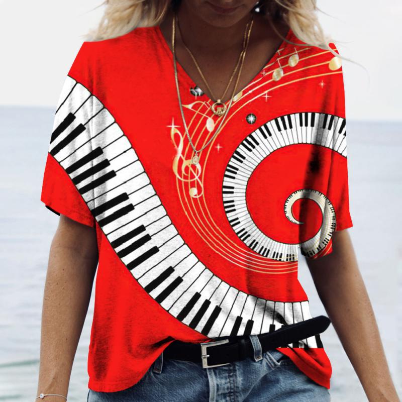 Women' T-shirt Piano 3d Print Everyday Casual Wear Oversized-shirt Funny Short Sleeve T-shirt V-neck Clothing Fitness Sweatshirt