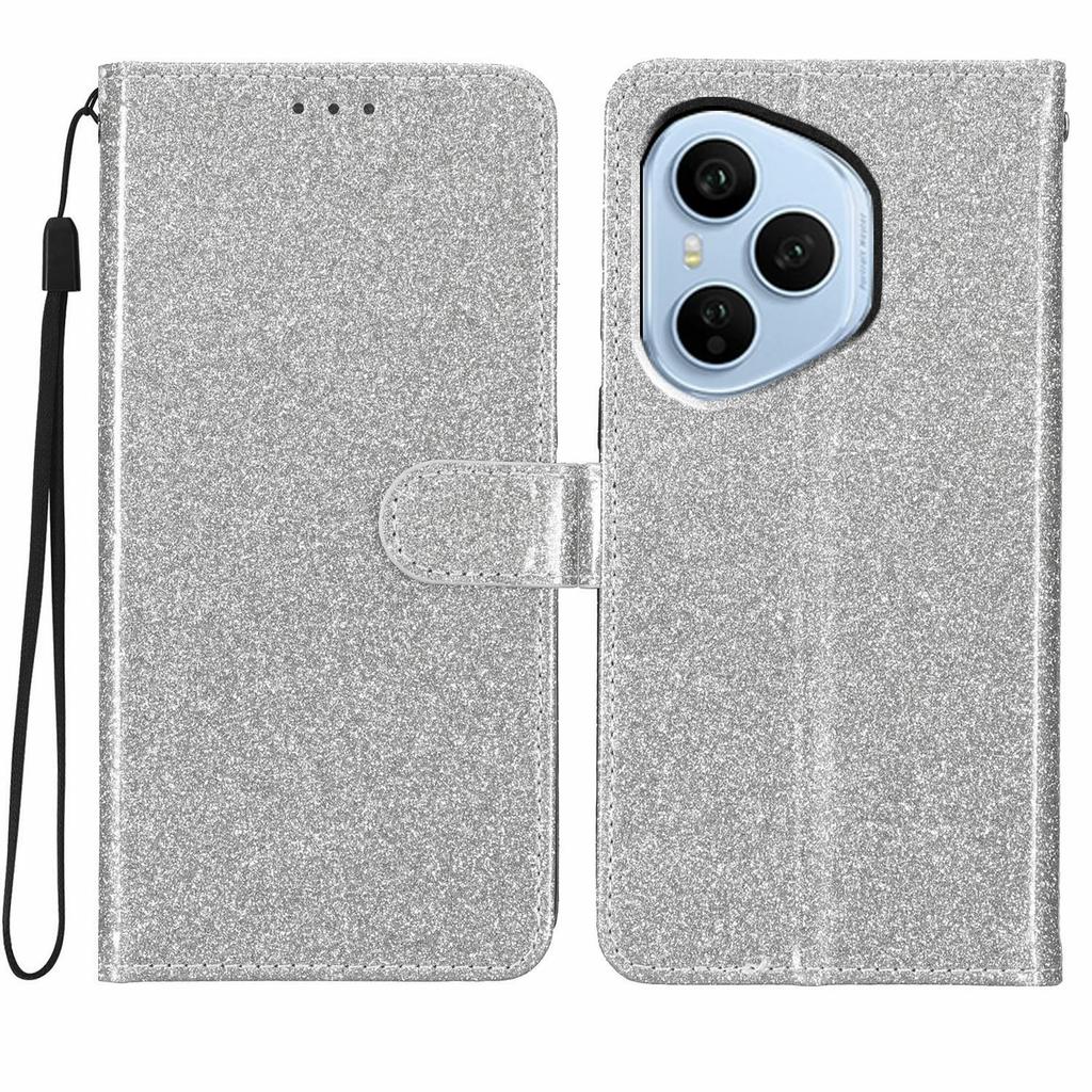 Für Honor 400 Pro 5G (Global) Glitzernde Kratzfeste Leder-Ständer-Handyhülle mit Riemen