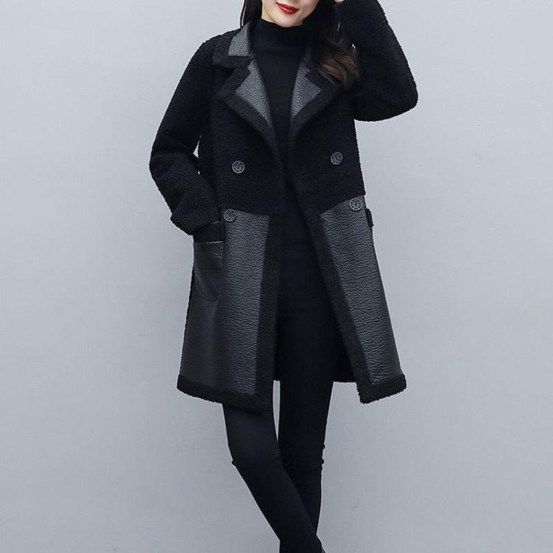 

Plus size autumn and winter leather coat on both sides, lamb wool teddy fleece loose fleece thickened women s leather jacket XL 100-55kg чорний