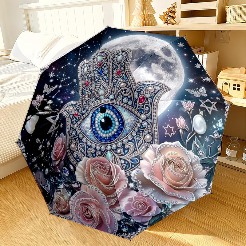 Stained Glass Hamsa Design Umbrella 8-Frame for Travel, Camping, Casual Lightweight Portable Umbrella, Essential for Every Family Holidays Gift
