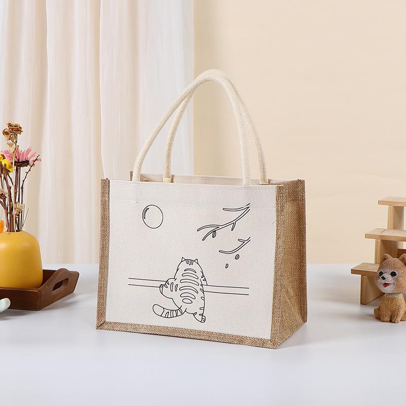 Hand-Painted Graffiti Canvas Tote Bag - Yellow Linen Logo Pattern