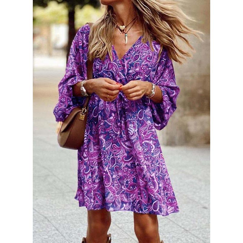Summer Mid-waist Pullover Midi Skirt Short-sleeved Printed Loose Dresses