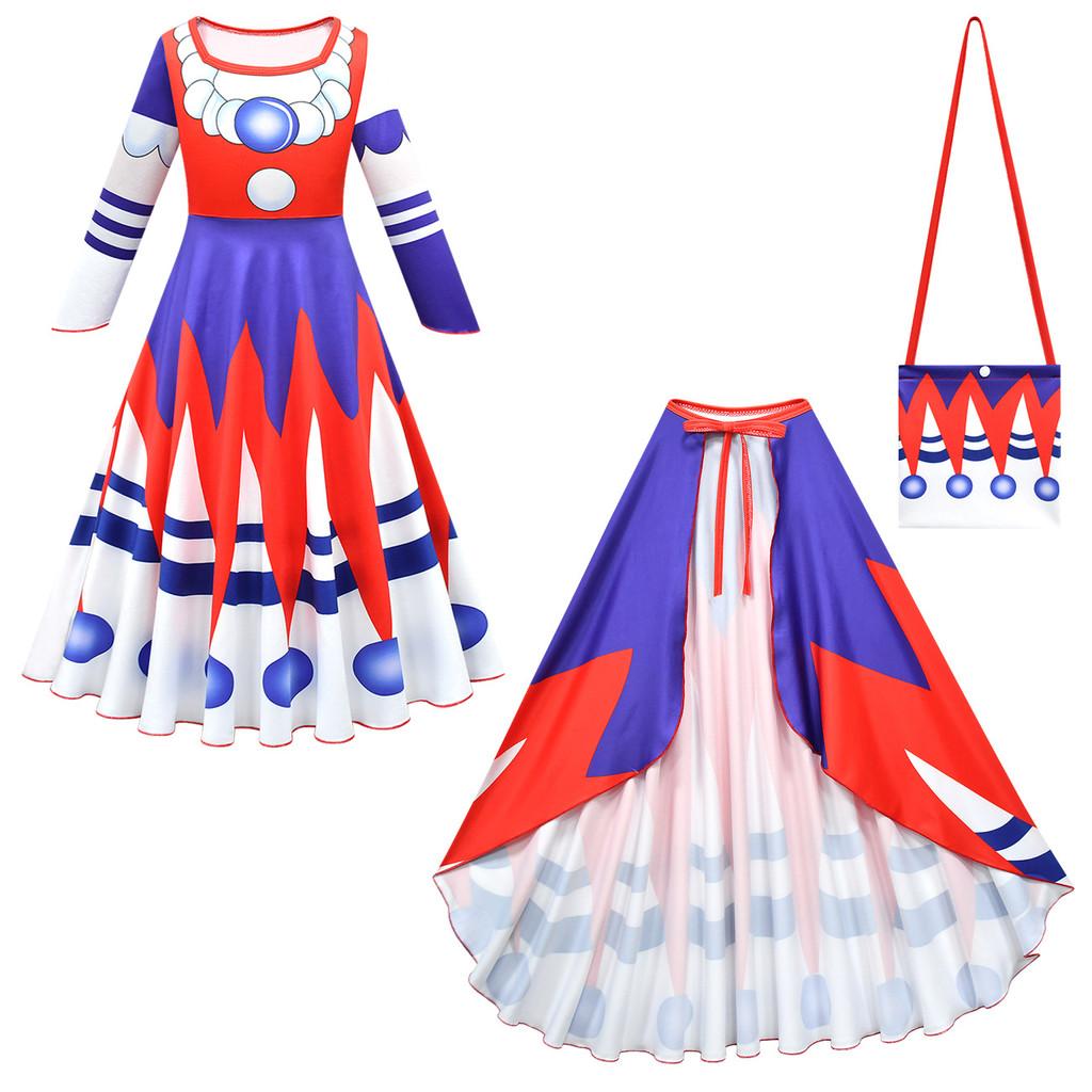 

83045 Kids Girls Lily Lovebraids Printed Long Sleeves Dress Cloak Bag Clown Set Halloween Cosplay Costumes 100cm