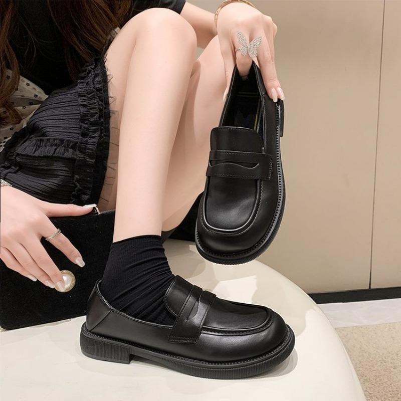 Runde Zehenpartie Dicksohlige Kleine Lederschuhe für Damen, Einzelne Schuhe Loafer