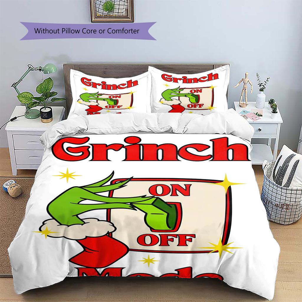 1PC Grinch Pattern Bedding Quilt Set Quilt Cover Pillowcase Home Decoration Birthday Gift (1 * Duvet Cover + 2 * Pillowcase, Without Core)