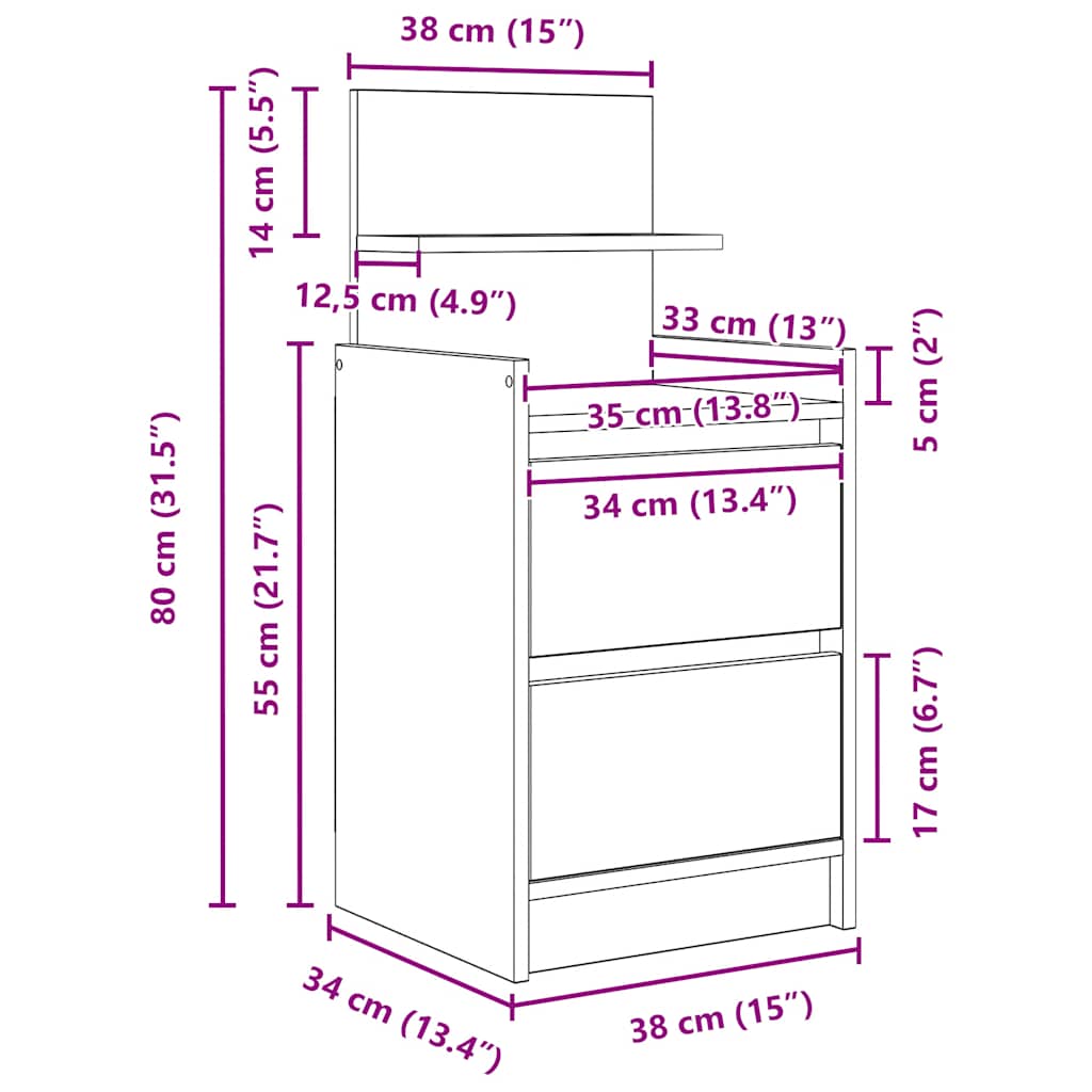 Nightstand with 2 Drawers Smoked Oak Finish 38 x 34 x 80 cm