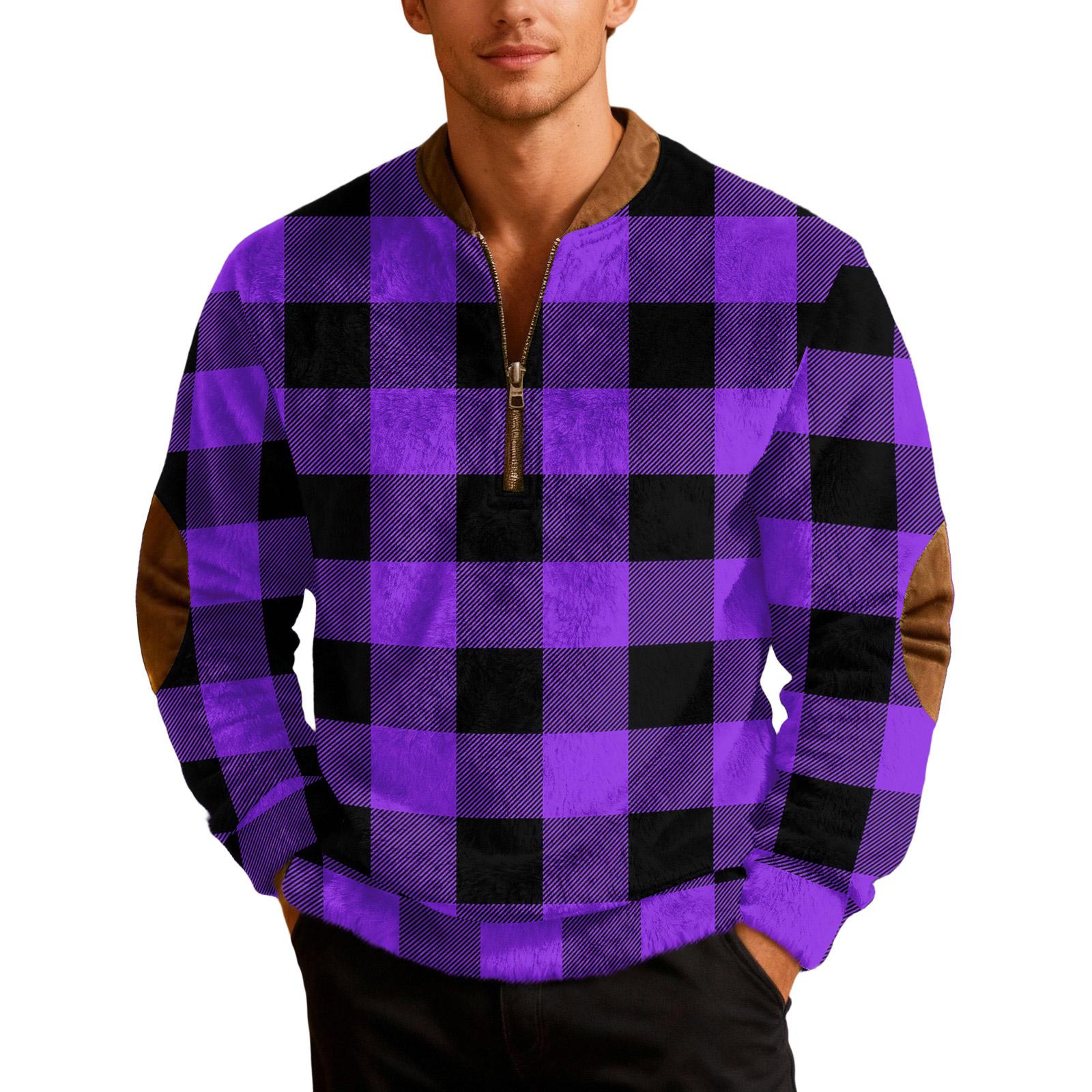 

Мужская повседневная толстовка с полумолнией, в клетку, в стиле ретро, с длинным рукавом, спортивная S фиолетовый