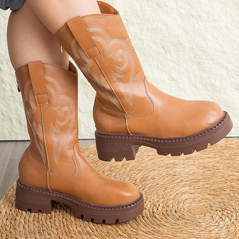 25Autumn And Winter Vintage Embroideryvwomen'S Summer Chunky Heel Mid-Calf Boots, Internet Celebrity Desert Boots, Short Boots