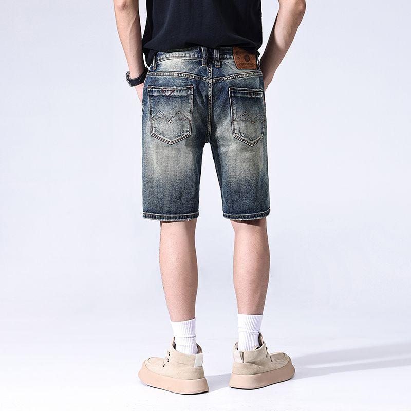 Retro Denim Shorts Summer Slim Straight Mid-pants Casual Ripped Five-point Pants