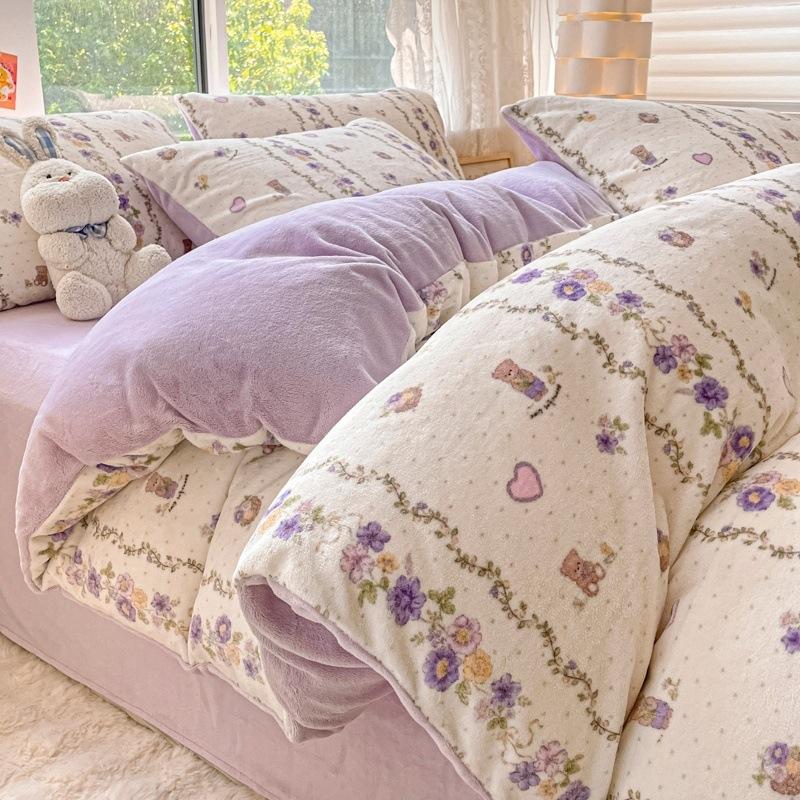 Thickened Milk Fleece Bed Four-Piece Set Warm Student Dormitory Quilt Cover Flannel Three-Piece Set