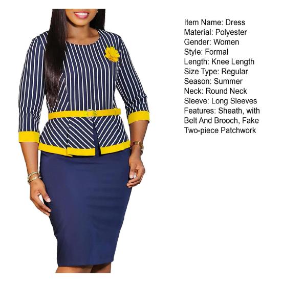 Women Formal Commuting Dress with Belt And Brooch Fake Two-piece Patchwork Round Neck Business Style Striped Print Sheath Slim Fit